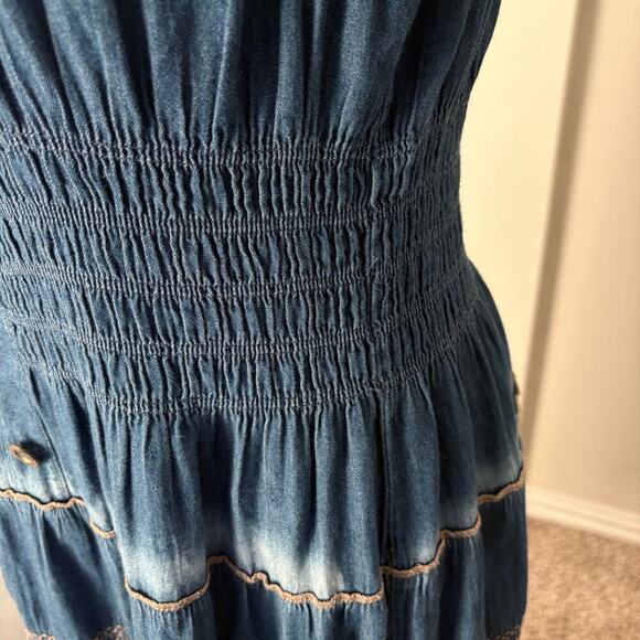Denim Lapis  smocked maxi dress boho tiered cottagecore prairie L - Picture 5 of 11